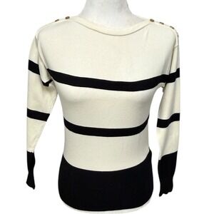 NWT Lauren Ralph Lauren Petite Striped Knit Sweater Gold Button‎ Cream/Black PXS